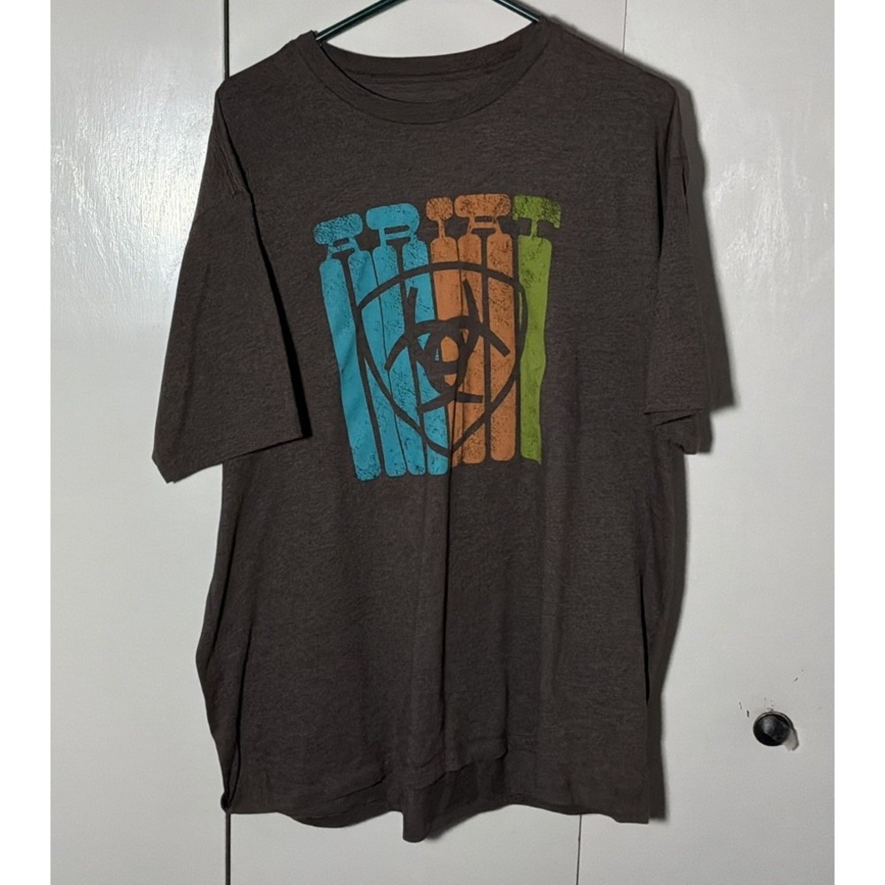 Ariat T Shirt Men's Sz XXL Brown Logo Tee Crew Cotton Blend Tagless 24" X 28"